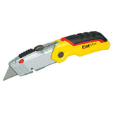 A FatMax utility knife with a yellow and black handle, silver metal body, and a partially extended silver blade, shown on a plain white background.