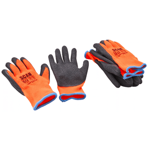 Three pairs of orange and dark grey work gloves with blue trim, displayed on a clean white background. The gloves feature the brand name 'SCM' printed on the palms.
Scan Thermal Latex Dipped Gloves | Pack of 3