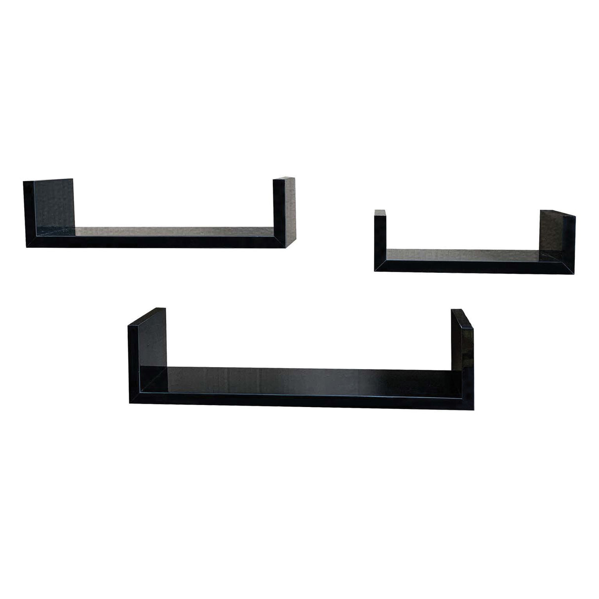 Three black floating wall shelves of different lengths arranged on a plain white background.