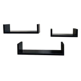 Three black floating wall shelves of different lengths arranged on a plain white background.