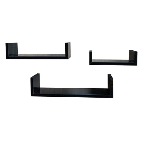 Three black floating wall shelves of different lengths arranged on a plain white background.