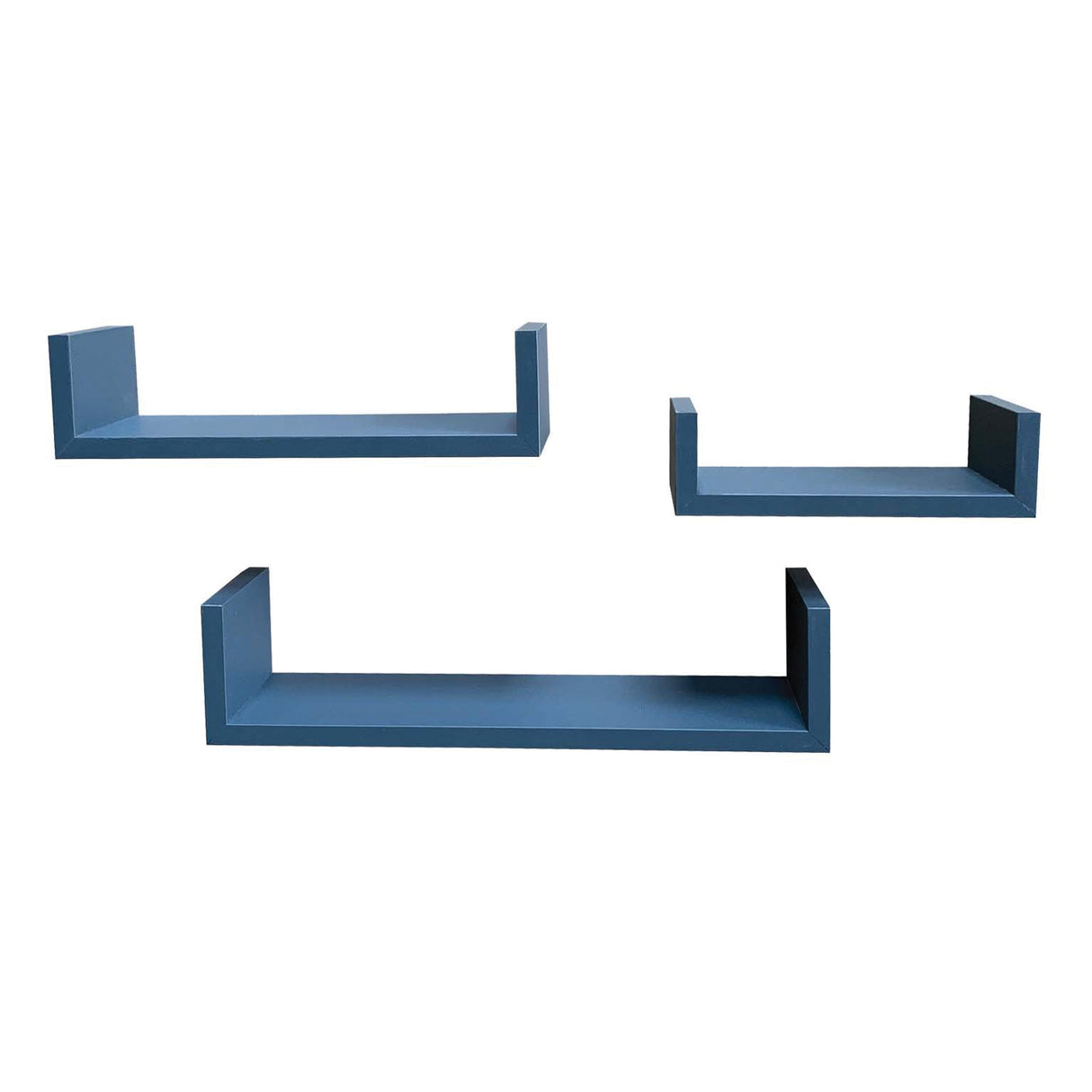 Three blue floating wall shelves in different sizes, arranged on a plain white background.