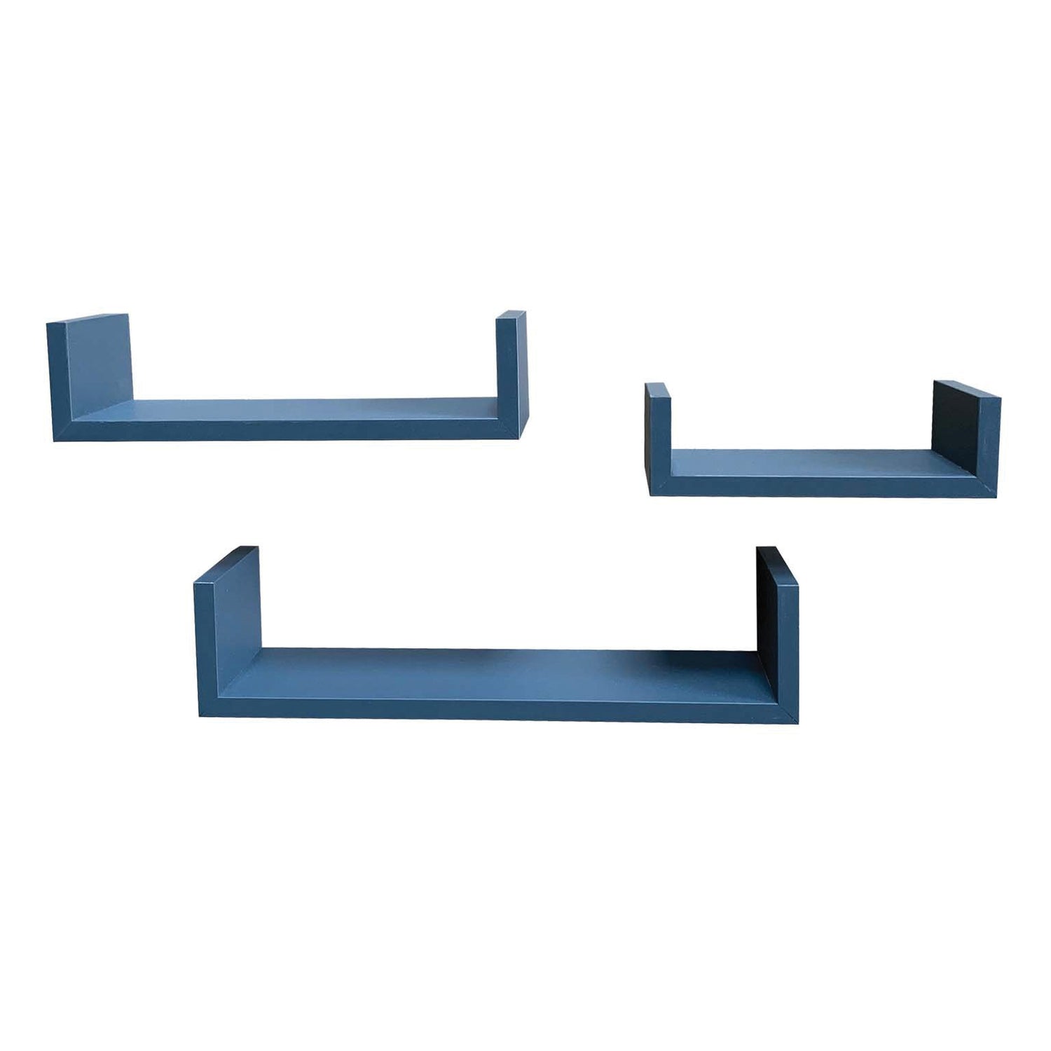 Three blue floating wall shelves in different sizes, arranged on a plain white background.