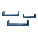 Three blue floating wall shelves in different sizes, arranged on a plain white background.