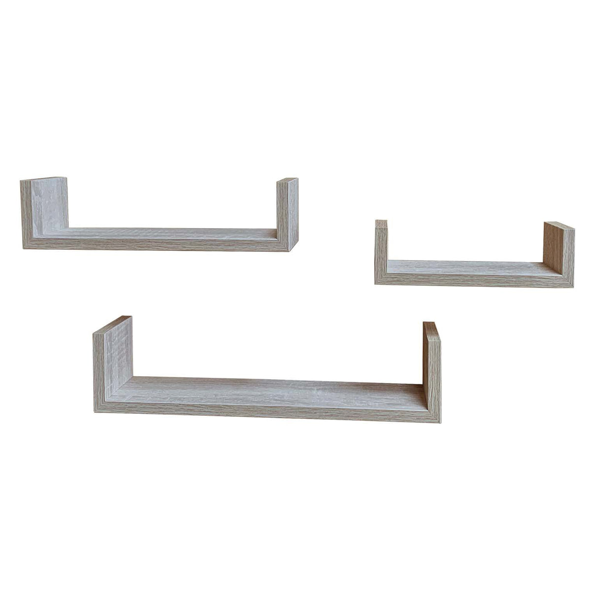 Three light gray wood floating wall shelves of different sizes arranged on a plain white background.