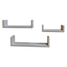 Three light gray wood floating wall shelves of different sizes arranged on a plain white background.