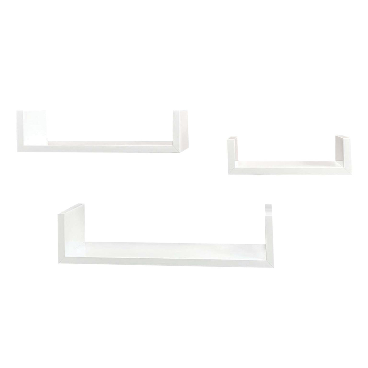 Three white U-shaped floating wall shelves of different sizes arranged on a plain white background.