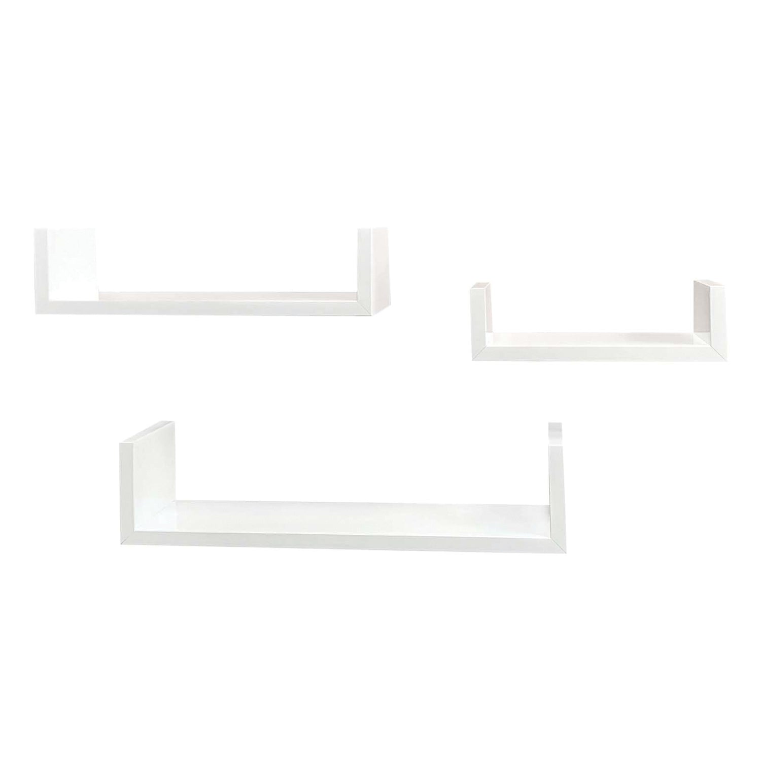 Three white U-shaped floating wall shelves of different sizes arranged on a plain white background.