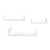 Three white U-shaped floating wall shelves of different sizes arranged on a plain white background.