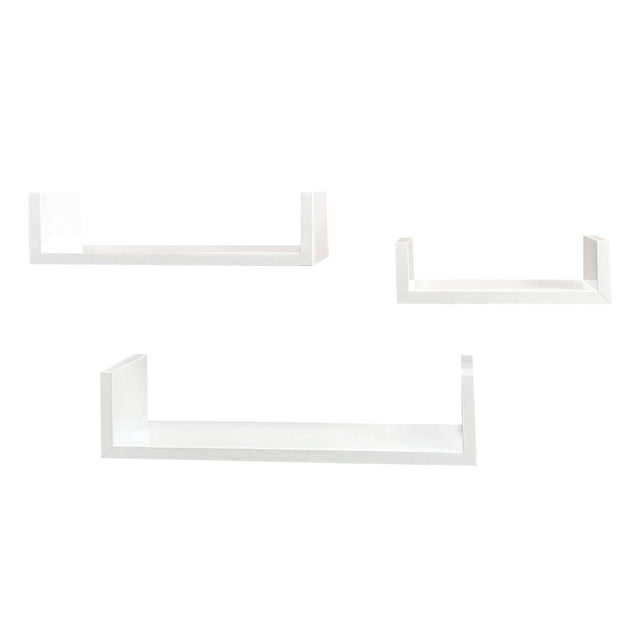 Three white U-shaped floating wall shelves of different sizes arranged on a plain white background.