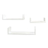 Three white U-shaped floating wall shelves of different sizes arranged on a plain white background.