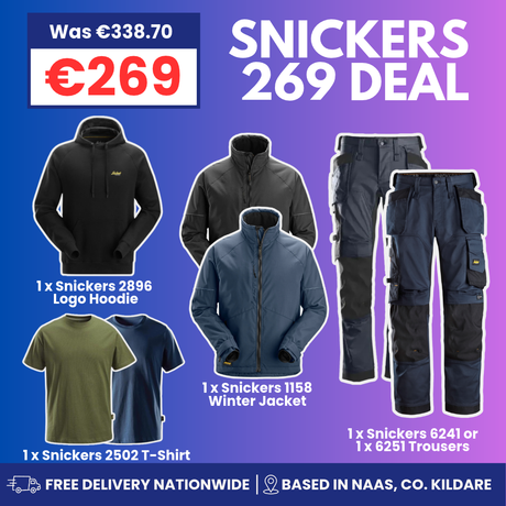 Promotional product graphic for Snickers 269 DEAL showing multiple Snickers branded apparel items: a black hoodie, dark jacket, blue jacket, cargo pants, T-shirt, and trousers, with pricing text and delivery claims on a purple gradient background.
