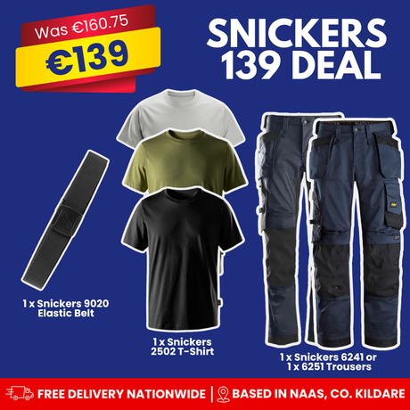 Promotional product bundle graphic for 'Snickers 139 Deal' on a blue background, showing a black elastic belt, three T-shirts in white, olive green, and black, and a pair of dark navy cargo pants. Text includes 'Snickers 139 Deal', item labels, and a red banner at the bottom with delivery and location details.