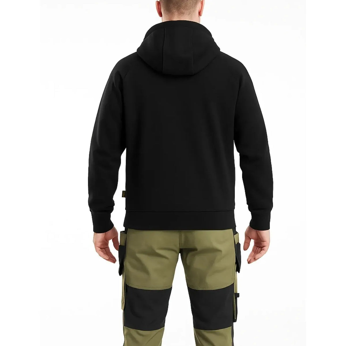 A man viewed from the back wearing a black pullover hoodie and olive green cargo pants with black knee panels, against a plain white background.