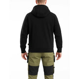 A man viewed from the back wearing a black pullover hoodie and olive green cargo pants with black knee panels, against a plain white background.