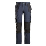 Work pants in navy blue and black, featuring cargo pockets, utility pockets, and reinforced knee and lower leg panels, shown against a plain white background.