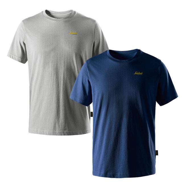 Two short-sleeve crew-neck t-shirts by Lauter, shown overlapping on a white background. The front shirt is navy blue and the back shirt is light grey, both featuring a small yellow embroidered Lauter logo on the left chest.
Snickers SSC2026 Limited Edition T-Shirts | Twin Pack