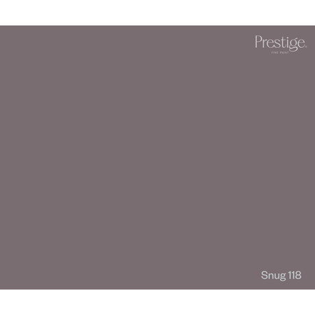A solid color swatch card for Prestige Fine Furnishings, showing the color Snug 118, a muted dusty plum-gray. The Prestige logo is in the top right corner, and 'Snug 118' is labeled in the bottom right.