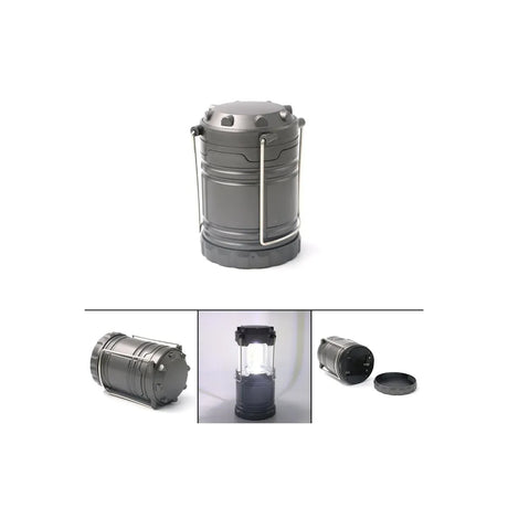 Cylindrical camping lantern with multiple views on a white background