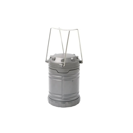 A gray collapsible metal lantern with a silver wire handle, shown on a plain white background.