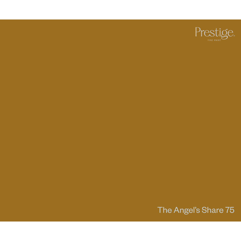 A solid color swatch card for Prestige Fine Art, showing the color 'The Angel's Share 75' in a warm ochre-brown tone, with the brand logo in the top right and the color name in the bottom right.