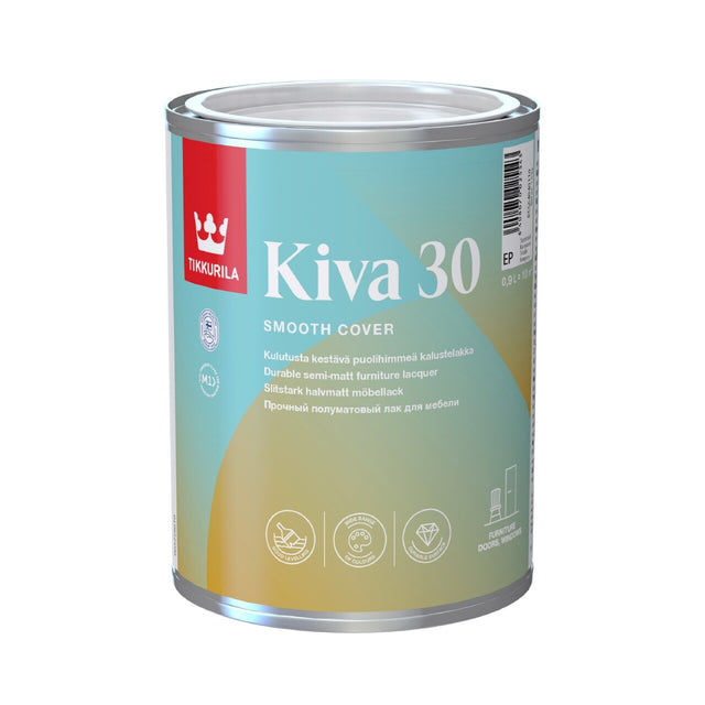 Can of Thikurila Kiva 30 smooth cover paint on a white background. Tikkurila Kiva 30