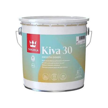 A white plastic paint can of Tikkurila Kiva 30 Smooth Cover, featuring a label with a red brand block and a blue-to-beige gradient design.
Tikkurila Kiva 30