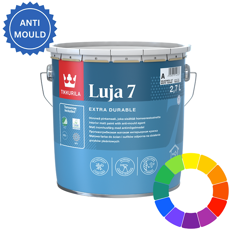 A 2.7 L can of TIKURILA Luja 7 Extra Durable wood finish, featuring a blue label with a red brand block and a blue 'ANTI MOLD' badge overlay in the top left, and a circular color wheel in the bottom right.