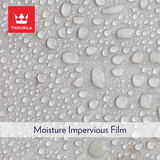 A close-up of a moisture impervious film surface with water droplets and small droplets beading on top. A red TIKKURILA logo appears in the top-left corner, and a white banner at the bottom reads 'Moisture Impervious Film'. Tikkurila Luja 7 - Anti Mould Paint