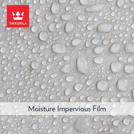 A close-up of a moisture impervious film surface with water droplets and small droplets beading on top. A red TIKKURILA logo appears in the top-left corner, and a white banner at the bottom reads 'Moisture Impervious Film'. Tikkurila Luja 7 - Anti Mould Paint