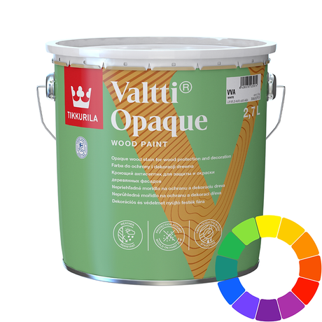 A 2.7L bucket of Tikkurila Valtti Opaque Wood Paint in a light green colour, shown on a white background with a circular color wheel graphic in the bottom right corner.
Buy Tikkurila Valtti Opaque exterior wood paint online at Ted Johnsons. Durable semi-matt finish with excellent weather protection. Fast delivery Ireland.