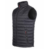 A sleeveless black quilted puffer vest with a high stand-up collar, front zipper, and a vertical zippered pocket with a red zipper pull, Tuffstuff Elite Bodywarmer