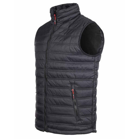 A sleeveless black quilted puffer vest with a high stand-up collar, front zipper, and a vertical zippered pocket with a red zipper pull, Tuffstuff Elite Bodywarmer