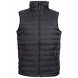 A black quilted sleeveless puffer vest with a high stand-up collar, full-length front zipper, and two zippered hand pockets with red zipper pulls. Tuffstuff Elite Bodywarmer