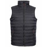 A black quilted sleeveless puffer vest with a high stand-up collar, full-length front zipper, and two zippered hand pockets with red zipper pulls. Tuffstuff Elite Bodywarmer