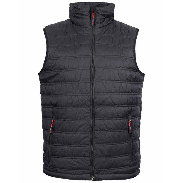 A black quilted sleeveless puffer vest with a high stand-up collar, full-length front zipper, and two zippered hand pockets with red zipper pulls. Tuffstuff Elite Bodywarmer