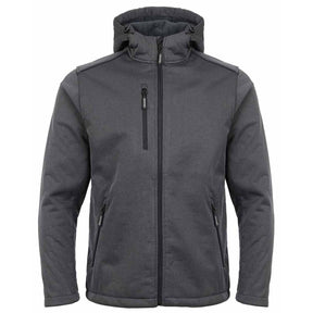 A dark gray hooded jacket with a full-length front zipper, a vertical zippered chest pocket, and zippered hand pockets, shown against a plain white background. TuffStuff Hale Jacket | Grey