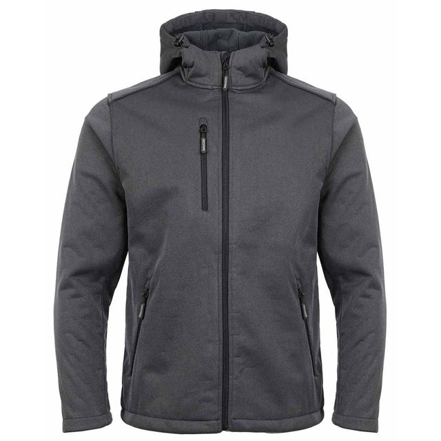 A dark gray hooded jacket with a full-length front zipper, a vertical zippered chest pocket, and zippered hand pockets, shown against a plain white background. TuffStuff Hale Jacket | Grey