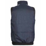 The back view of a dark navy blue quilted puffer vest with black ribbed trim at the collar, cuffs, and hem, shown against a plain white background.