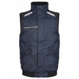 A navy blue quilted puffer vest with black ribbed trim, a high stand-up collar, and light gray reflective shoulder stripes, shown against a plain white background.