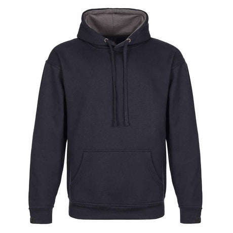 A dark navy blue pullover hoodie with a contrasting gray interior hood lining, drawstrings, and a front kangaroo pocket, shown against a plain white background. Tuffstuff Hendon Hoodie | Navy Blue