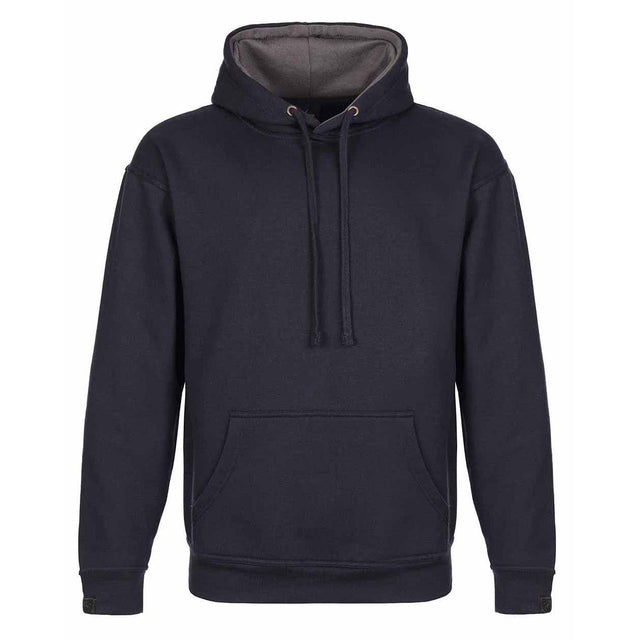 A dark navy blue pullover hoodie with a contrasting gray interior hood lining, drawstrings, and a front kangaroo pocket, shown against a plain white background. Tuffstuff Hendon Hoodie | Navy Blue
