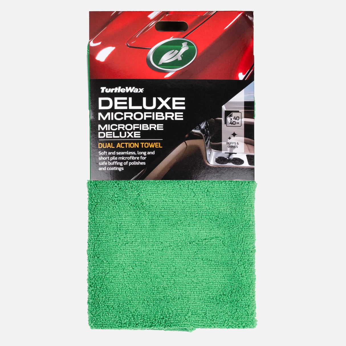 A green microfiber car towel from TurtleWax, packaged in its original retail card sleeve. The packaging features a red car graphic at the top and product details in white and gold text. Turtle Wax Deluxe Microfibre Dual Action Towel