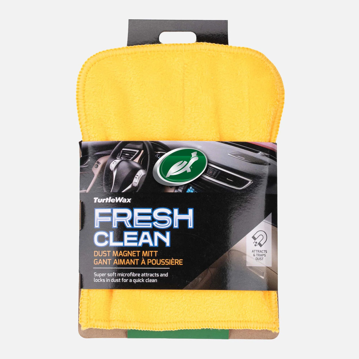TurtleWax Fresh Clean dust magnet in a bright yellow microfiber cloth, packaged in its original black and white cardboard box with a green TurtleWax logo. Turtle Wax Fresh Clean Dust Magnet Mitt