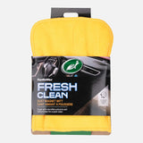 TurtleWax Fresh Clean dust magnet in a bright yellow microfiber cloth, packaged in its original black and white cardboard box with a green TurtleWax logo. Turtle Wax Fresh Clean Dust Magnet Mitt