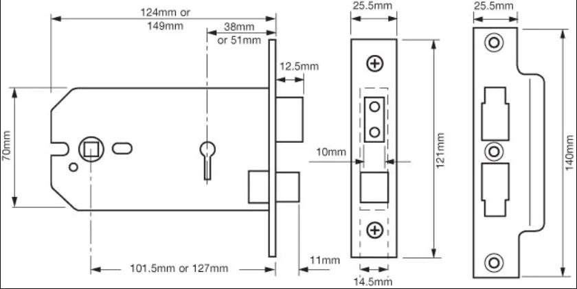 Union 3 lever Horizontal Mortice Lock