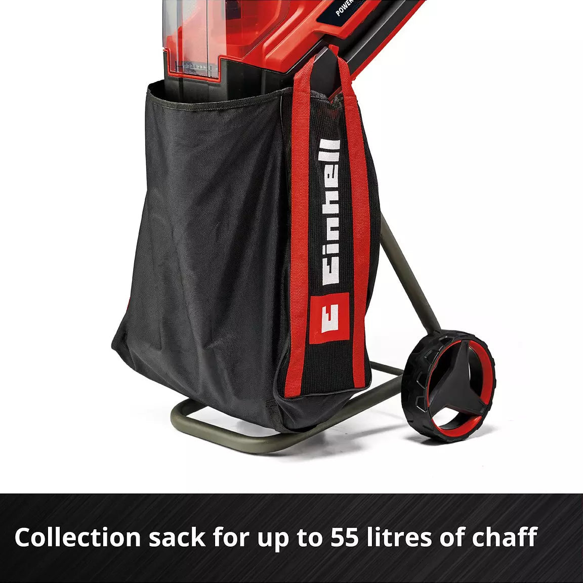A black Einhell collection bag with red trim and white branding, shown holding a red and black gas torch lighter on a white background with a text banner at the bottom.