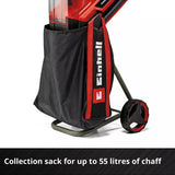 A black Einhell collection bag with red trim and white branding, shown holding a red and black gas torch lighter on a white background with a text banner at the bottom.