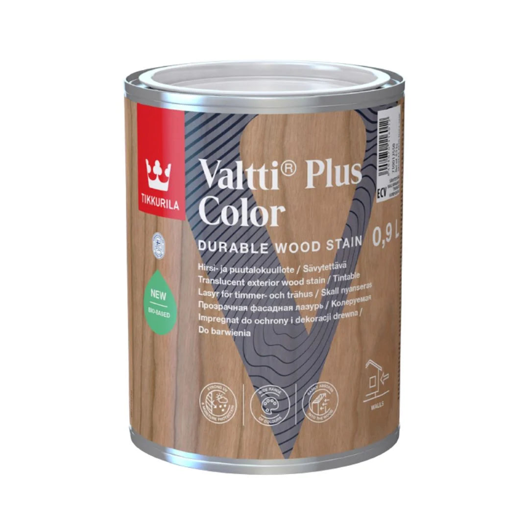 A can of Tikkurila Valtti Plus Color durable wood stain, featuring a label with a wood-grain pattern and a red brand logo block on a white. 
background. Tikkurila Valtti Plus Colour  - Woodstain in Matt Finish
