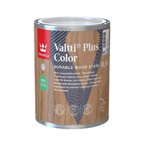 A can of Tikkurila Valtti Plus Color durable wood stain, featuring a label with a wood-grain pattern and a red brand logo block on a white. 
background. Tikkurila Valtti Plus Colour  - Woodstain in Matt Finish